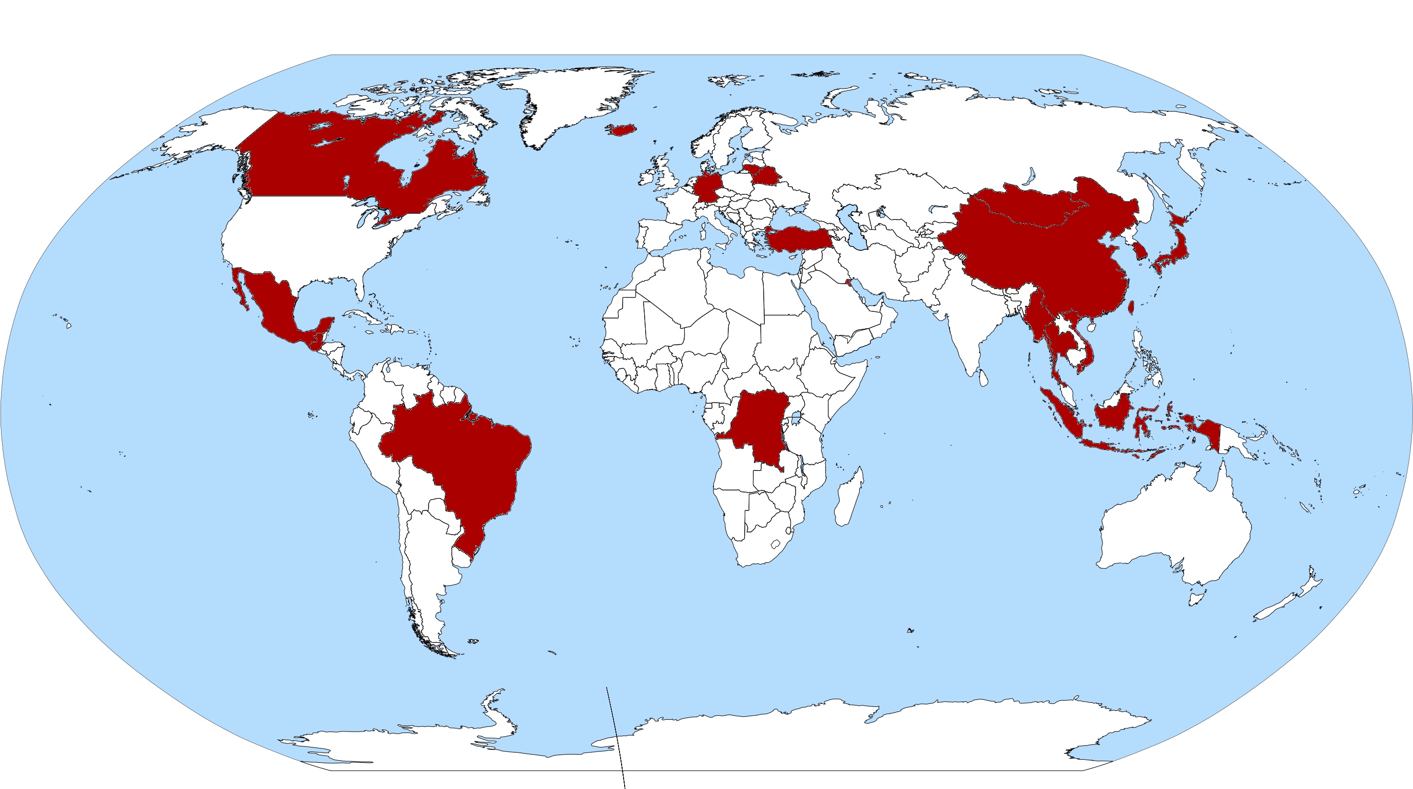 A map of the origin countries of the ELCB students for the past academic years: Belarus, Brazil, Canada, China, Congo, Germany, Guatemala, Hong Kong, Iceland, Indonesia, Japan, Kuwait, Lithuania, Mexico, Mongolia, Myanmar, South Korea, Taiwan, Thailand, Turkey, Vietnam